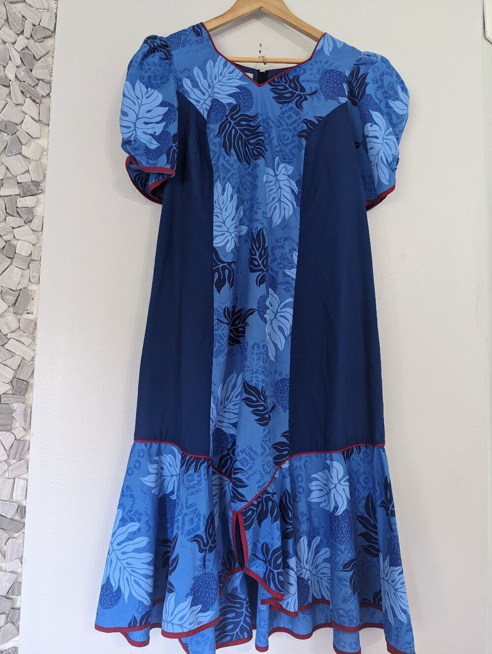 RM Hawaiian Dress Women Large Maxi Floral Blue Cotton Summer Vacation Beach